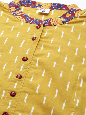 Women'S Cotton Ikat & Floral Printed Anarkali Kurta (Mustard) 2