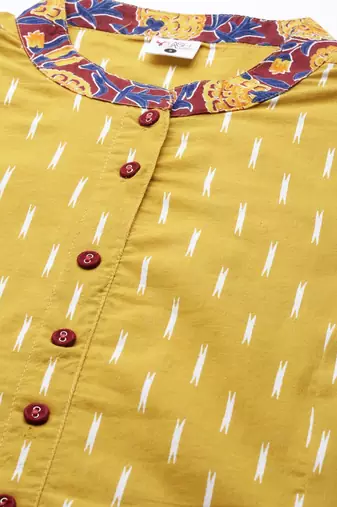 Women'S Cotton Ikat & Floral Printed Anarkali Kurta (Mustard)