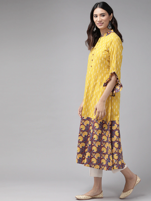 Women'S Cotton Ikat & Floral Printed Anarkali Kurta (Mustard) 3