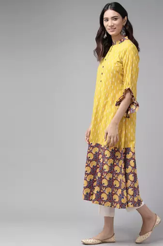 Women'S Cotton Ikat & Floral Printed Anarkali Kurta (Mustard)
