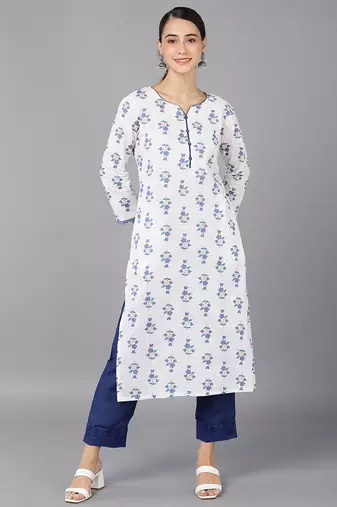 Women white printed cotton ethnic kurti