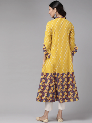 Women'S Cotton Ikat & Floral Printed Anarkali Kurta (Mustard) 4