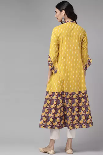 Women'S Cotton Ikat & Floral Printed Anarkali Kurta (Mustard)