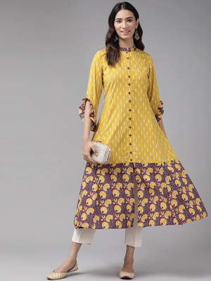 Women'S Cotton Ikat & Floral Printed Anarkali Kurta (Mustard) 5