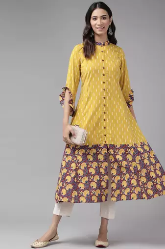 Women'S Cotton Ikat & Floral Printed Anarkali Kurta (Mustard)
