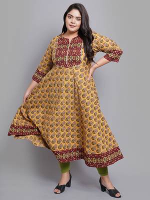 Women'S Plus Size Cotton Floral Printed Anarkali Kurti (Mustard) 1