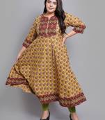 Women'S Plus Size Cotton Floral Printed Anarkali Kurti (Mustard)