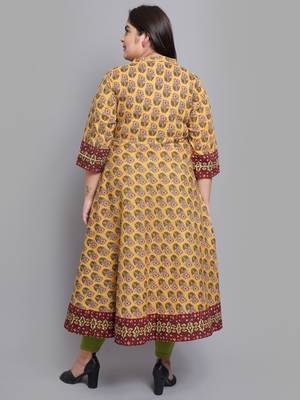 Women'S Plus Size Cotton Floral Printed Anarkali Kurti (Mustard) 2