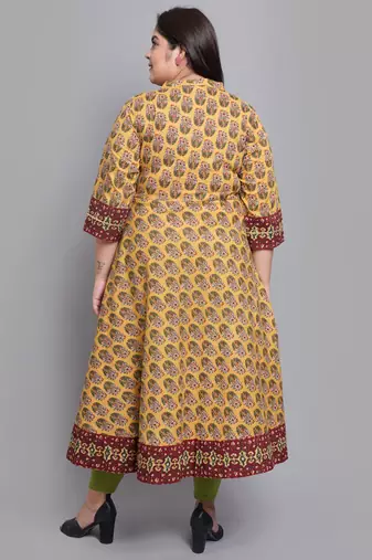 Women'S Plus Size Cotton Floral Printed Anarkali Kurti (Mustard)
