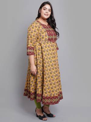 Women'S Plus Size Cotton Floral Printed Anarkali Kurti (Mustard) 3