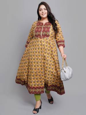 Women'S Plus Size Cotton Floral Printed Anarkali Kurti (Mustard) 4