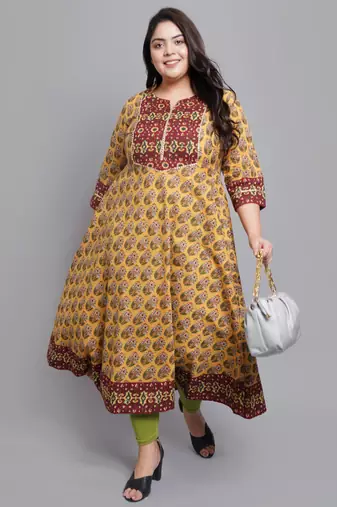 Women'S Plus Size Cotton Floral Printed Anarkali Kurti (Mustard)