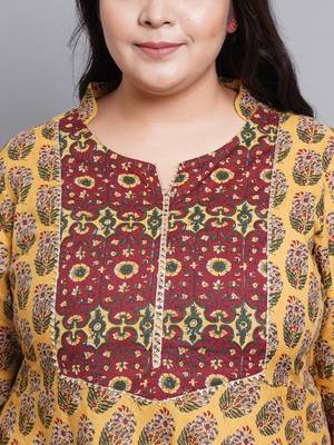 Women'S Plus Size Cotton Floral Printed Anarkali Kurti (Mustard) 5