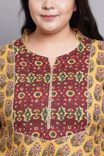 Women'S Plus Size Cotton Floral Printed Anarkali Kurti (Mustard)