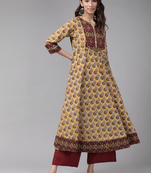 Women'S Cotton Floral Printed Anarkali Kurta (Mustard)