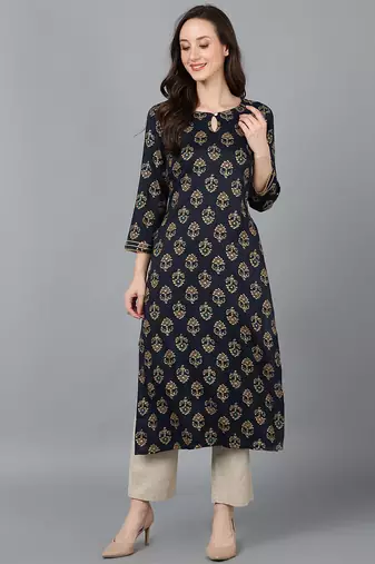 Women black printed cotton ethnic kurti