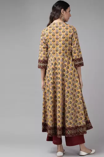 Women'S Cotton Floral Printed Anarkali Kurta (Mustard)