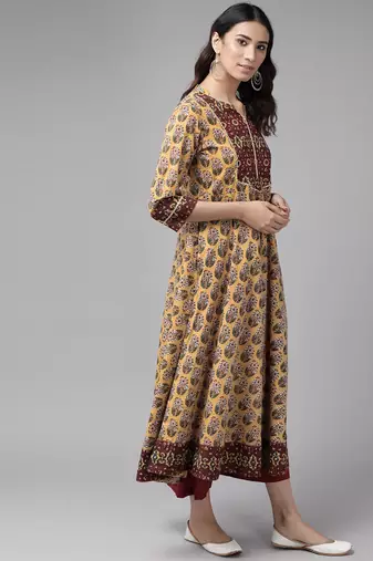 Women'S Cotton Floral Printed Anarkali Kurta (Mustard)