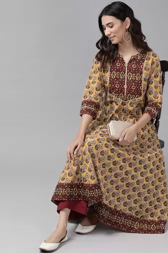 Women'S Cotton Floral Printed Anarkali Kurta (Mustard)