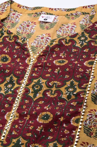 Women'S Cotton Floral Printed Anarkali Kurta (Mustard)