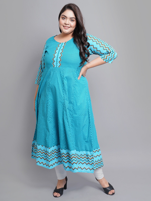 Women'S Cotton Geometric Print Anarkali Kurti (Teal) 1