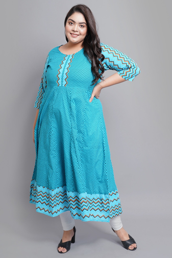 Women'S Cotton Geometric Print Anarkali Kurti (Teal)