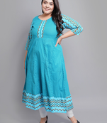 Women'S Cotton Geometric Print Anarkali Kurti (Teal)