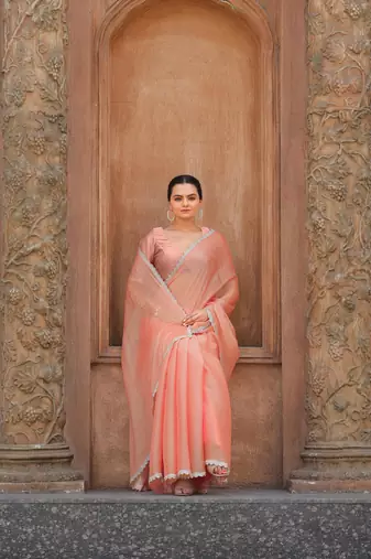 Coral Embroidered Tussar Silk Bollywood Sarees With Blouse