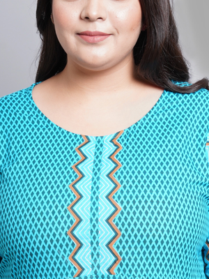 Women'S Cotton Geometric Print Anarkali Kurti (Teal) 2