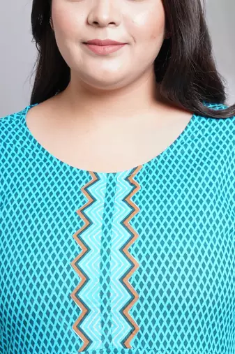 Women'S Cotton Geometric Print Anarkali Kurti (Teal)