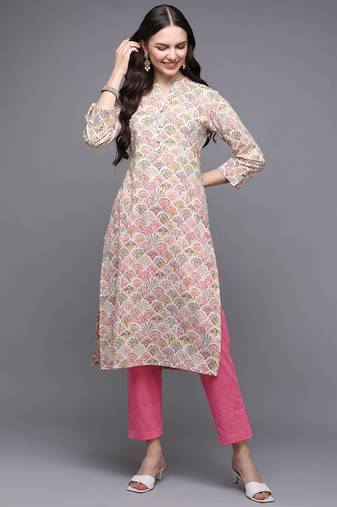 Women beige printed cotton ethnic kurti