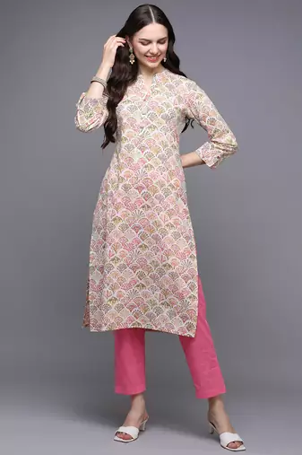 Women beige printed cotton ethnic kurti