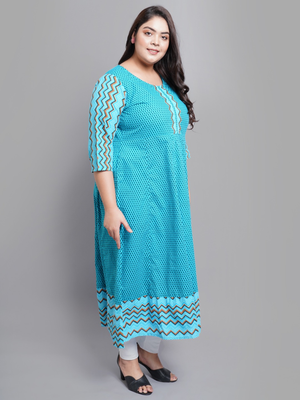 Women'S Cotton Geometric Print Anarkali Kurti (Teal) 3