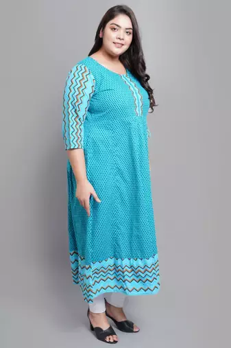 Women'S Cotton Geometric Print Anarkali Kurti (Teal)