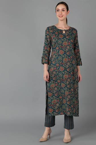 Women green printed cotton ethnic kurti