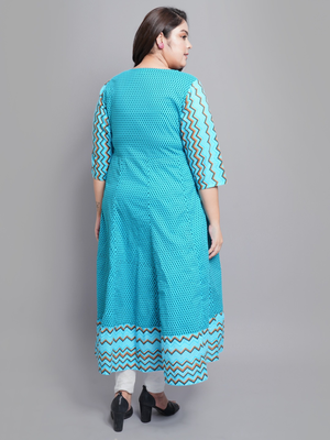 Women'S Cotton Geometric Print Anarkali Kurti (Teal) 4