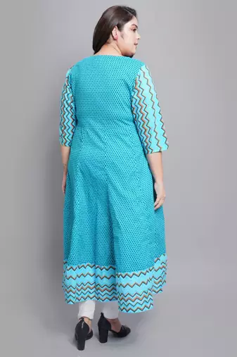 Women'S Cotton Geometric Print Anarkali Kurti (Teal)