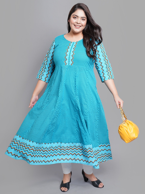 Women'S Cotton Geometric Print Anarkali Kurti (Teal) 5