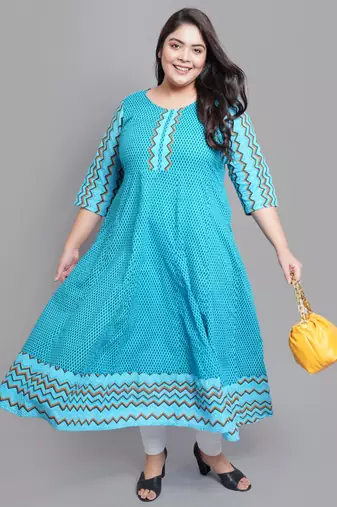 Women'S Cotton Geometric Print Anarkali Kurti (Teal)