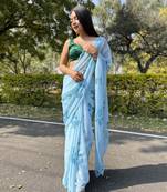 Elora pure chiffon silk floral print foil saree (sky blue)