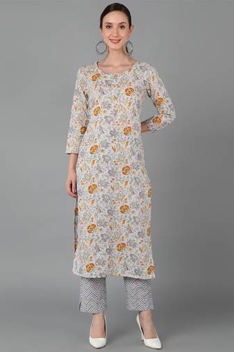 Women grey printed cotton ethnic kurti