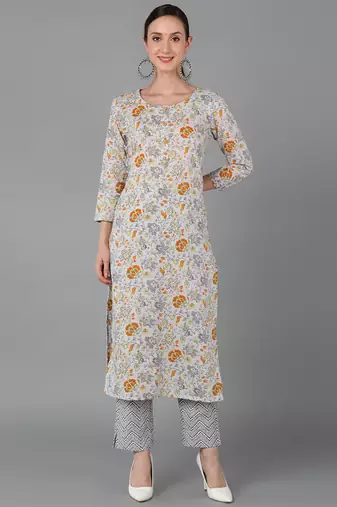 Women grey printed cotton ethnic kurti