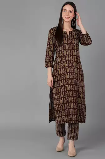 Women maroon printed cotton ethnic kurti