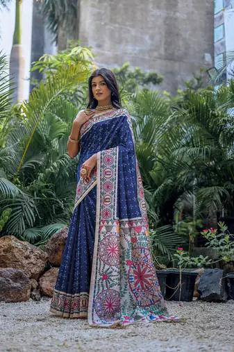 Blue Soft Tussar Silk Printed Saree Festive Wear