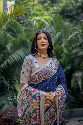 Blue Soft Tussar Silk Printed Saree Festive Wear