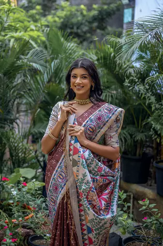 Coffee Soft Tussar silk blend Printed Saree Festive Wear