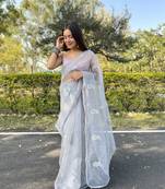 Elora Pure Organza Silk Paisley Embroidered Bollywood Lace Border Saree (Grey)