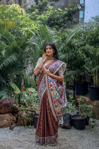 Coffee Soft Tussar silk blend Printed Saree Festive Wear