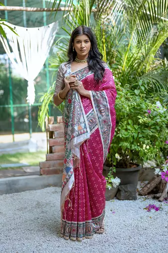 Pink Soft Tussar silk blend Printed Saree Festive Wear