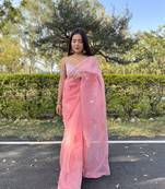 Elora Pure Organza Silk Paisley Embroidered Bollywood Lace Border Saree (Pink)